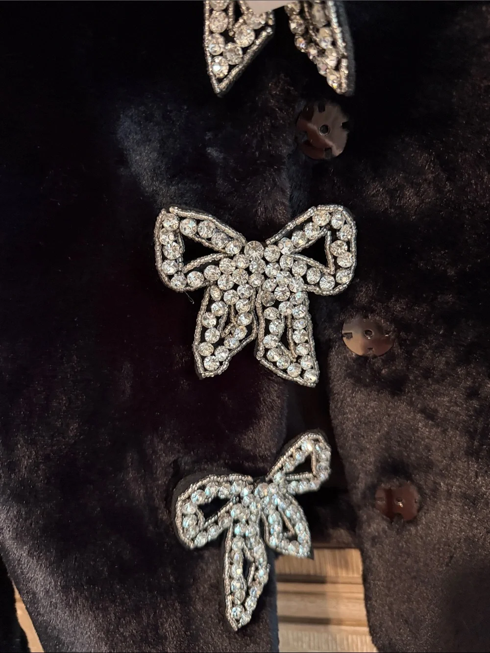 Lola and The Boys Black Faux Fur Coat with Crystal Bow Buttons